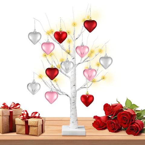 24 Inch Lighted Valentine Heart Tree, Pre-Lit Birch Style Table Décor with Heart Ornaments
