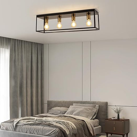 Vintage Industrial Ceiling Light - 4 Light Matte Black Metal Cage Design