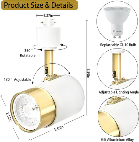 Detailed view of a white and gold spotlight with dimensions and features highlighted.