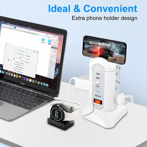 Tower Extension Lead with Surge Protection, 9 AC Outlets & 4 USB Ports, 1.65M Retractable Cable, Multi Plug Power Strip Tower