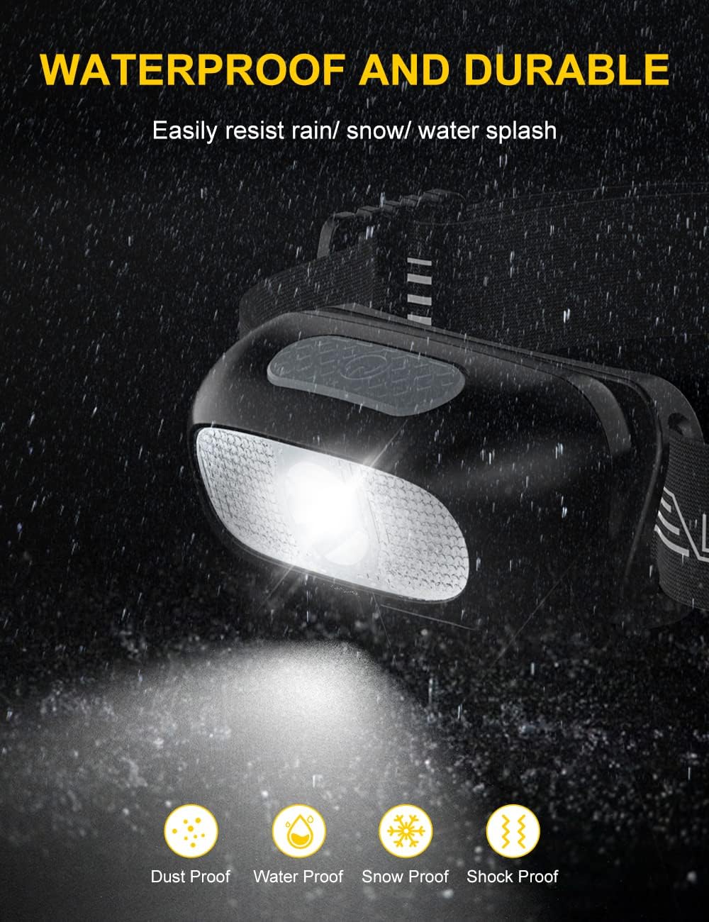 Black flashlight with bright light shining in a snowy environment, emphasizing waterproof and durable features.