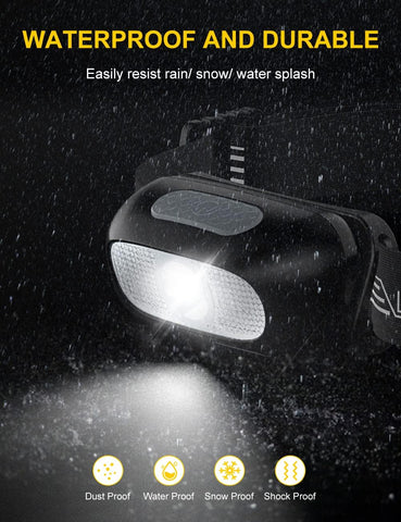Black flashlight with bright light shining in a snowy environment, emphasizing waterproof and durable features.