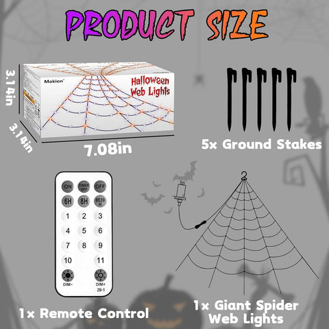 Halloween Spider Web Lights Outdoor 16.4 x 14.44ft Giant Cobweb with 550 Purple & Orange LEDs, 11 Lighting Modes, Remote Control & Timer for Gardens, Yards & Halloween Displays