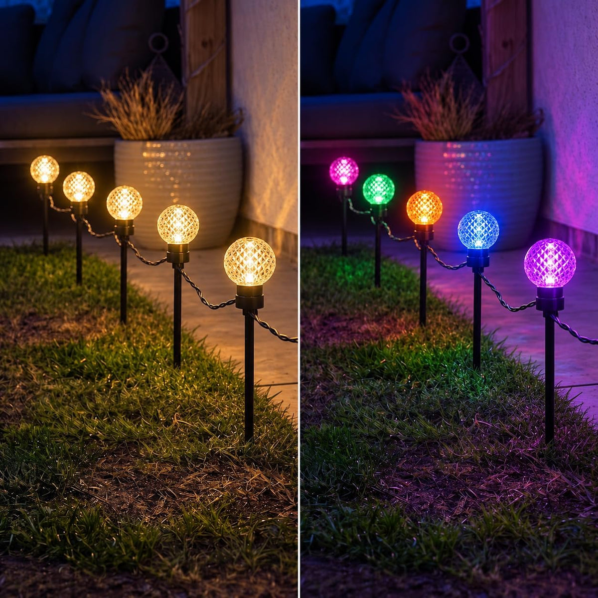 Festive Lights - 10 Colour Changing Diamond Ball Garden Stake Lights - 40 LED, 4.5m Lit Length, 8m Black Lead, 11 Functions, Mains Powered, IP44 Indoor Outdoor Decoration for Lawn, Pathway, Border