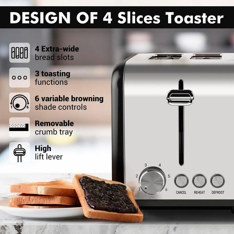 4 Slice Stainless Steel Toaster | Extra-Wide Slots, 6 Browning Levels, Defrost, Reheat & Cancel Functions, Removable Crumb Tray