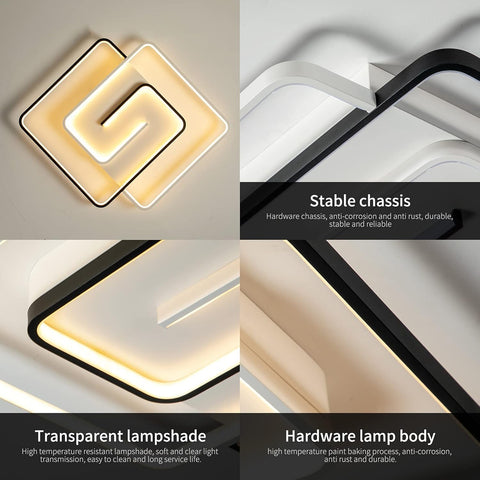 Collage of modern ceiling lights with text highlighting features like stable chassis and transparent lampshade.