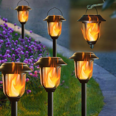 Dynaming 6 Pack Solar Flickering Flame Pathway & Hanging Lantern Lights, Black Plastic, Auto On/Off, Waterproof for Outdoor Decoration