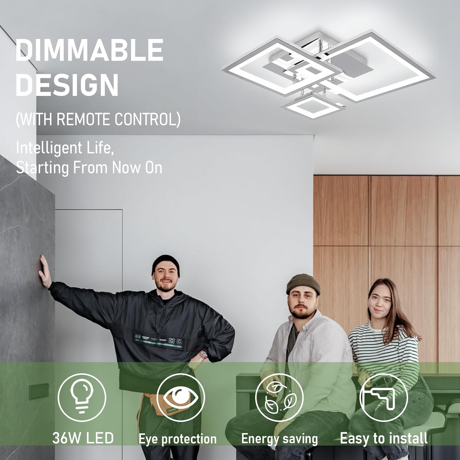 Ceiling light fixture with people sitting on a couch and text highlighting features like dimmable design and remote control.