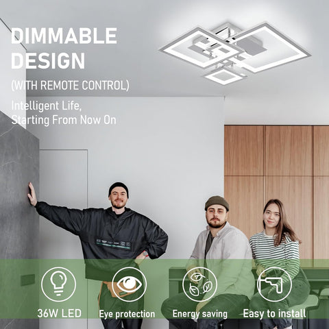 Ceiling light fixture with people sitting on a couch and text highlighting features like dimmable design and remote control.