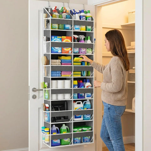 Ofiray-Home Over The Door Storage Organiser – 5-Tier, 10 Compartments, Pink Hanging Storage with 10 Side Pockets