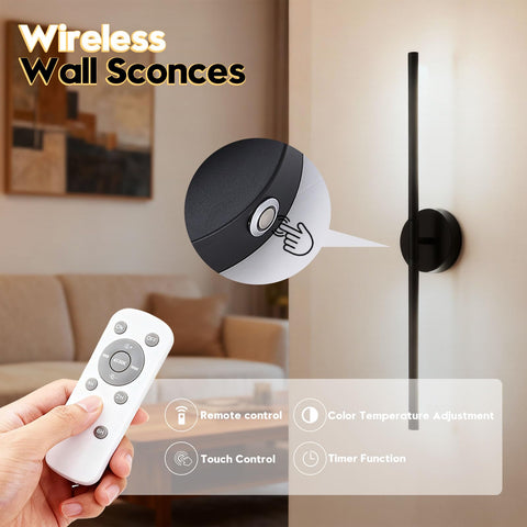 Battery Operated Wall Sconces, 2 Pack 8000mAh Rechargeable Wall Lights, 3000K-6000K Dimmable Wireless Wall Light with Remote Control, 70CM Gold Wall Lamp for Living Room Bedroom Hallway