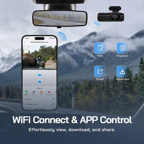 WOLFANG 4K Front & Rear Dash Cam with WiFi, Night Vision, Black