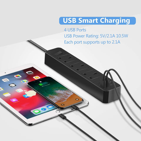JSVER Extension Lead with 3 UK Socket Outlets, 4 USB Ports & 2m Cable – Black Desktop Power Strip for Home and Office, Keep Your Everyday Devices Charged Without the Cable Chaos