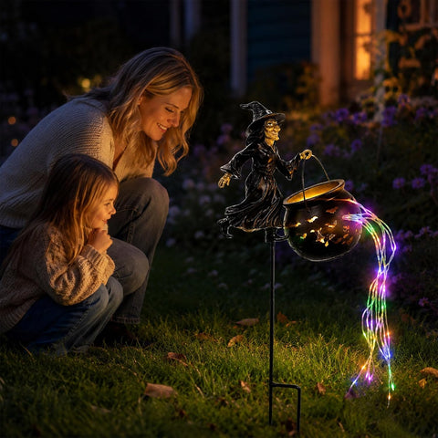 3D Witch Cauldron Garden Stake Light, Metal Iron Art Halloween Yard Ornament, Dimensional Ground Plug Decor for Flower Beds Pathways Patio Indoor Themed Decoration，2PCS