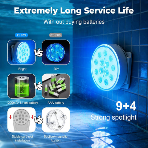 4 Pack Rechargeable Submersible Lights – RGB Waterproof LED Pool Lights with Remote Control, 16 Colours & Timer for Swimming Pools, Hot Tubs, Baths & Decorative Lighting