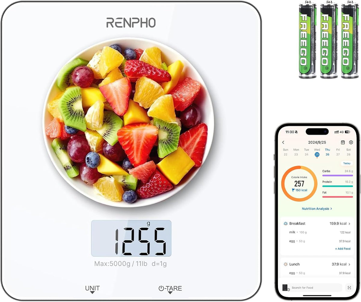 Smart Kitchen Scales with App & Nutrition Calculator – 5kg Food Scale for Baking, Weight Loss, Calorie Counting & Accuracy