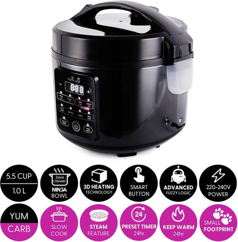 Yum Asia Kumo YumCarb Rice Cooker with Ceramic Bowl – 5.5 Cup (1L), Fuzzy Logic, 8 Cooking Functions – Dark Stainless Steel