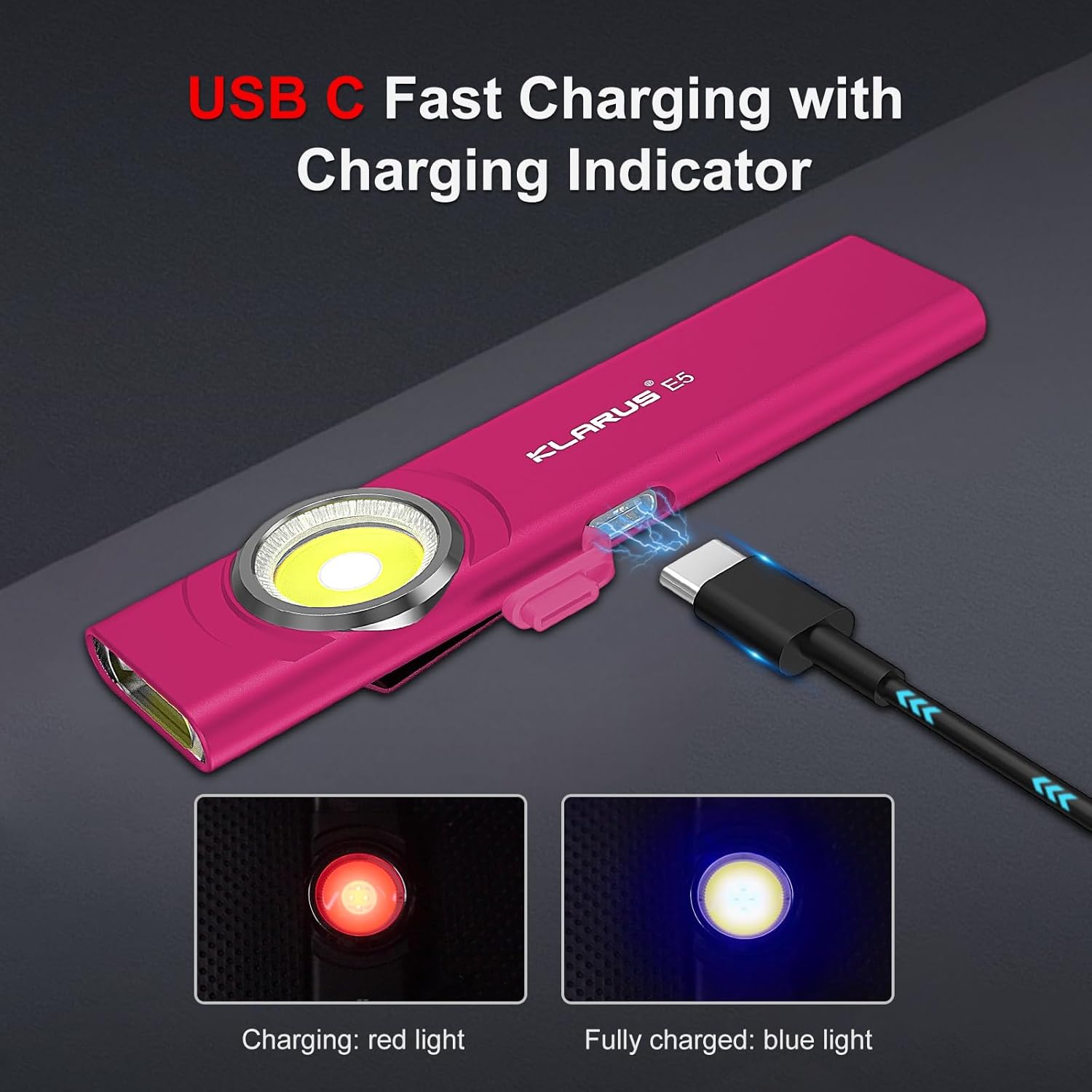 Pink flashlight with USB C charging cable on a dark background