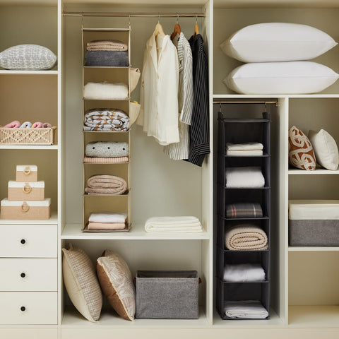 YOUDENOVA Hanging Wardrobe Organiser, 6 Shelves with Side Pockets, Grey – Make Every Shelf Count