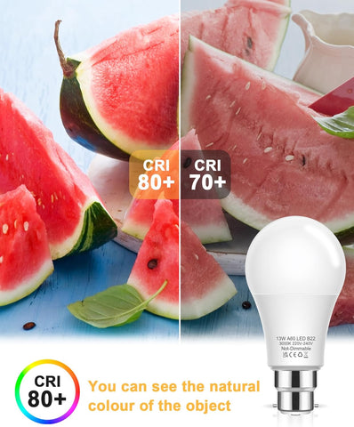 B22 Bayonet Light Bulbs 100W Equivalent, 13W LED Bulbs Bayonet Warm White 3000K, 1200lm BC A60 B22 Light Bulb Bayonet, Non-Dimmable for Indoor Home Lighting, 3 Pack [Energy Class F]