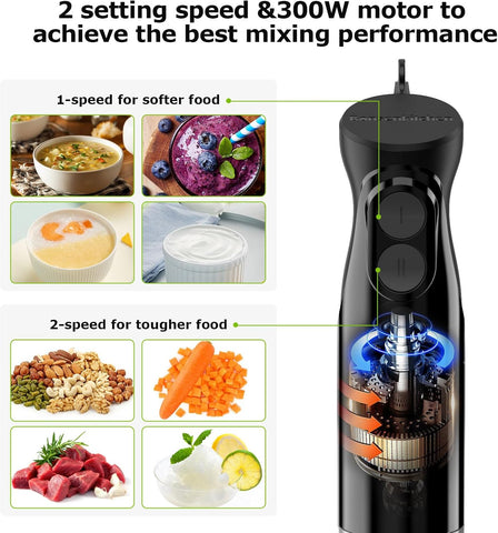 Hand Blender - 2 Speed Immersion Stick Blender | Electric Handheld with Stainless Steel Blade for Soups, Sauces & Baby Food - Black HB3201