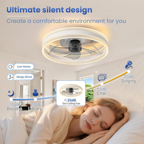 20" Ceiling Fan with Light 4000LM 50cm Remote & App Control Flush Mount 6 Speeds Dimmable Low Profile 3 Colours Reversible