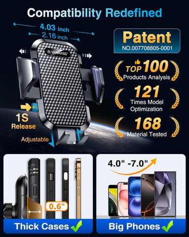 VANMASS 2025 Ultimate Military-Grade Car Phone Holder – Dashboard, Windscreen & Vent Mount