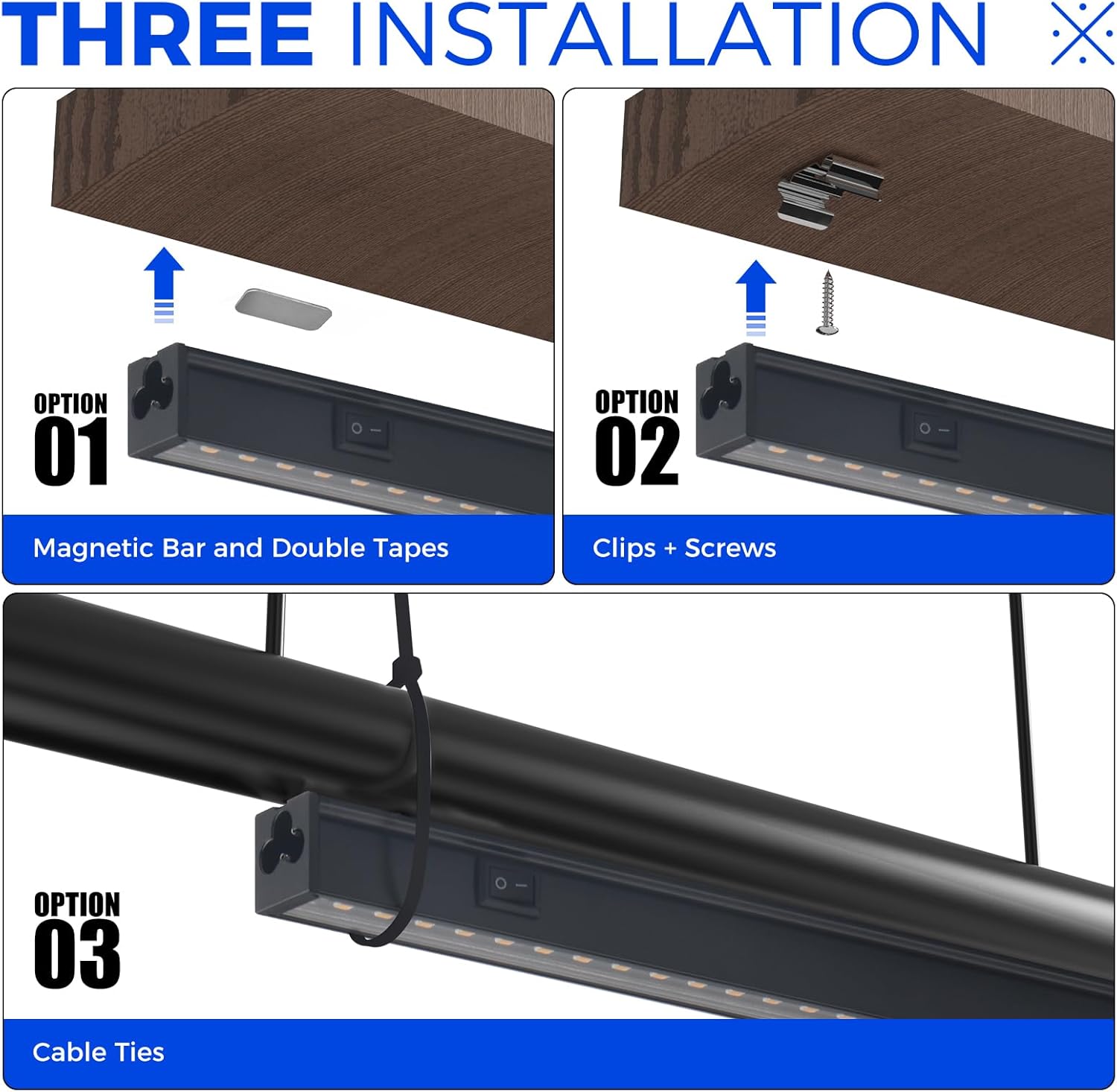 Installation guide for a magnetic bar, clips, screws, and cable ties on a wooden surface.