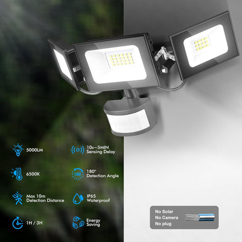 Outdoor flood light with features listed on a split background