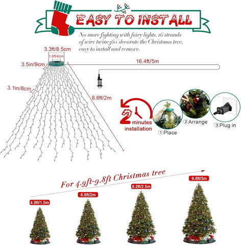 400 LED Christmas Tree Fairy Lights, 2m x 16 Lines – Warm White Mains Powered Lights with 8 Modes, Memory & Timer, Waterproof for 5–10ft Trees (Indoor/Outdoor Use)