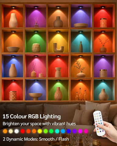 RGB Puck Lights with Remote, Rechargeable Under Cabinet Lighting – 6 Pack Wireless LED Stick-On Lights for Kitchen Cupboards, Wardrobes & Shelves - Put the Light Exactly Where Your Home Needs It