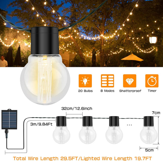 Solar Festoon Lights Outdoor, 9M/29.5FT G50 20 Bulbs Solar String Lights Outdoor Garden, Remote Control, 8 Modes 4 Brightness, Outdoor Solar Lights IP65 Waterproof for Garden Patio Decoration
