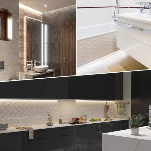 Collage of a modern bathroom and kitchen with sleek design elements.