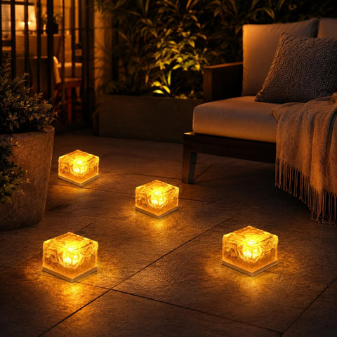 GWSOLAR Solar Ground Lights 4 Pack, Sodium-Style Warm Glow, 7cm Brick Ice Glass Design, Auto On/Off, IP65 Waterproof Outdoor Garden Lights for Pathway, Patio & Tabletop
