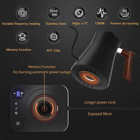 RHD Electric Gooseneck Kettle 0.9L – LCD Display, Real-Time Temp Control, 1200W Fast Heat, 304 Stainless Steel, Matte Black