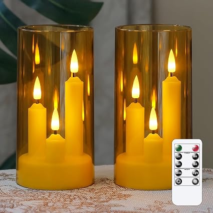 3 in 1 Flameless Taper Short Candles with 10 Key Remote Control and Timer, Battery Operated Pack of 2 LED Acrylic 7.5cm x15cm Ivory Pillar Flickering Warm Light