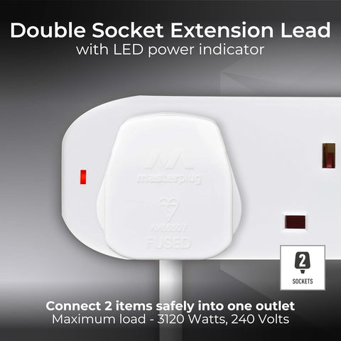 Two Socket Double Extension Lead 10m Cable, Unswitched, White