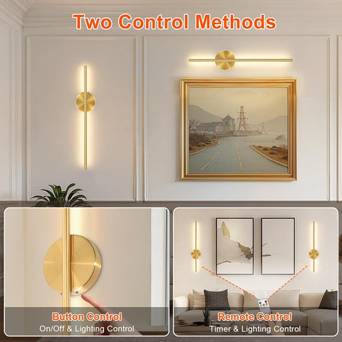 2 Pack USB Rechargeable Gold LED Wall Lights - Dimmable & Remote