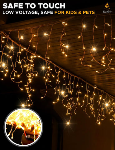 EcoNour 35m 1000 LED Icicle Christmas Lights – Warm White Outdoor Fairy Lights with 8 Modes & Timer for Garden, Windows & Parties - Turn Dark Winter Evenings Into a Warm Festive Glow