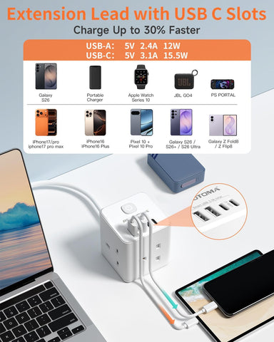Cube Extension Lead with USB-C, 3 Way UK Plug, 4 USB Ports & 2m Cable – Keep Your Everyday Essentials Powered Without the Socket Scramble
