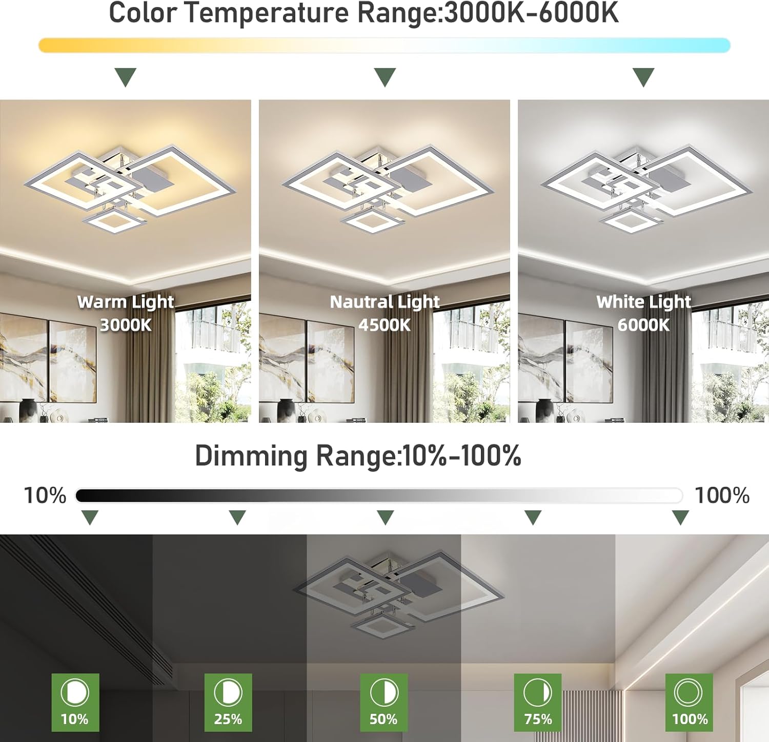 Ceiling light fixture with color temperature and dimming range display