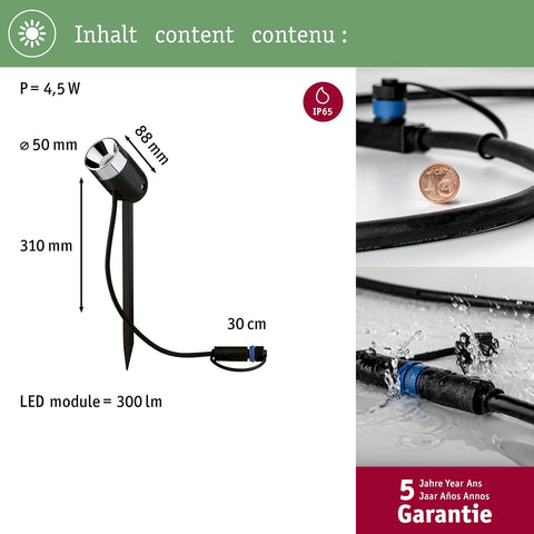 Paulmann Plug & Shine LED Garden Spotlight, Pike, 4.5W, 3000K, Anthracite