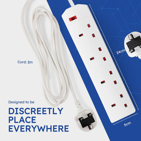 DESIRETECH White 4 Gang Extension Lead – 2 Metre UK Plug, 13A Fused 4-Way Socket with Wall Mounting Holes – Keep Everyday Essentials Powered Without the Plug-Socket Shuffle