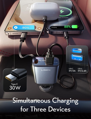 Retractable 57W USB C Car Charger