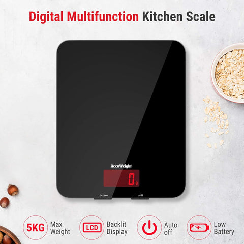 Digital Kitchen Scale 5kg/11lb – Tempered Glass Platform, Backlit LCD, Multifunction Food Weighing with Batteries