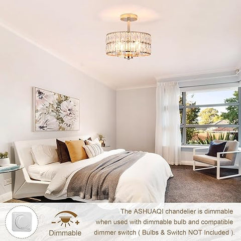 Semi Flush Mount Crystal Ceiling Light - 3 Light Brushed Gold Chandelier
