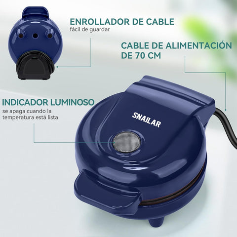 Snailar Mini Waffle Maker – 550W Nonstick Compact Waffle Iron, Ready Indicator Light, Cool Touch Handle, Easy Clean, Blue