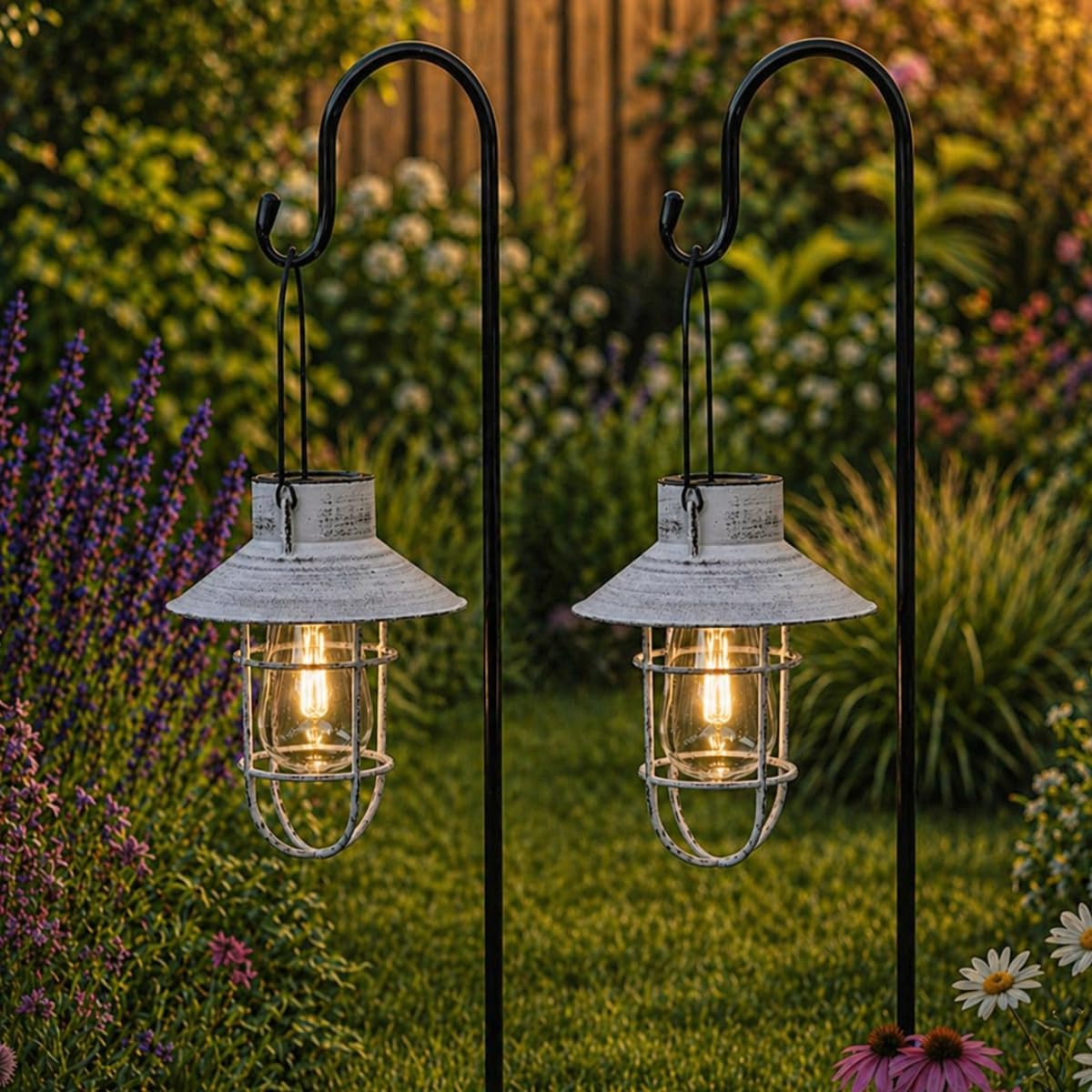 Festive Lights - 2 Pack of 71cm Grey Solar Fisherman Outdoor Stake Light with Hanging Lantern - Warm White Filament Effect LED, Antique Rustic Metal Look, IP44 Rated, Cage Finish, Integrated Panel