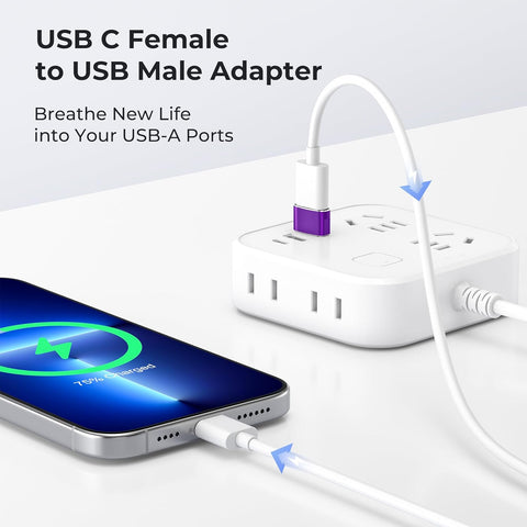 USB to USB-C Adapter 3-Pack (Purple) – Type-C Female to USB-A Male Converter for iPhone 11–16, Apple Watch Series 7/8, iPad Air/Mini, Samsung Galaxy S22/S23/S24