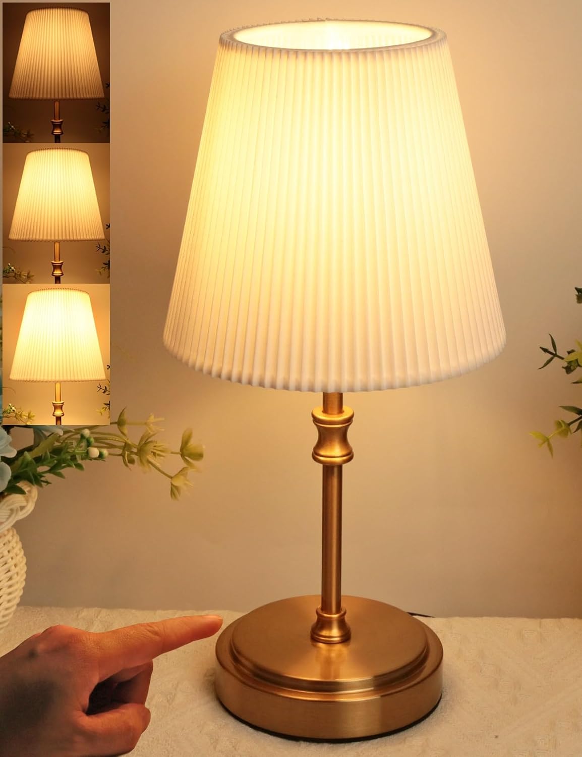 12-Inch Touch Bedside Table Lamp with 3-Level Dimming, Warm 2700K LED Bulb & Retro 3D Pleated Fabric Shade